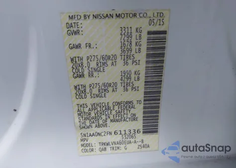 2015 Nissan Armada Platinum/Sl/Sv from USA, damaged, VIN 5N1AA0NC2FN611336